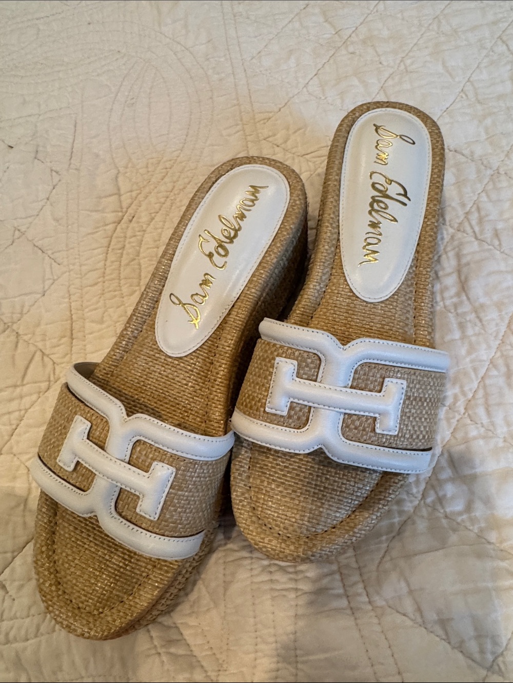Sam Edelman Natural Raffia Slide Mules with White Trim - Picture 1 of 9